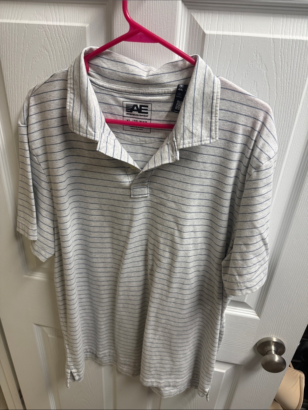 American Eagle Outfitters Light Gray Polo with Navy Pinstripes